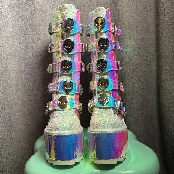 YRU Atlantis Alien Dune Glitter Iridescent Platform Boots Dolls Kill Rave EDC - Picture 2 of 10